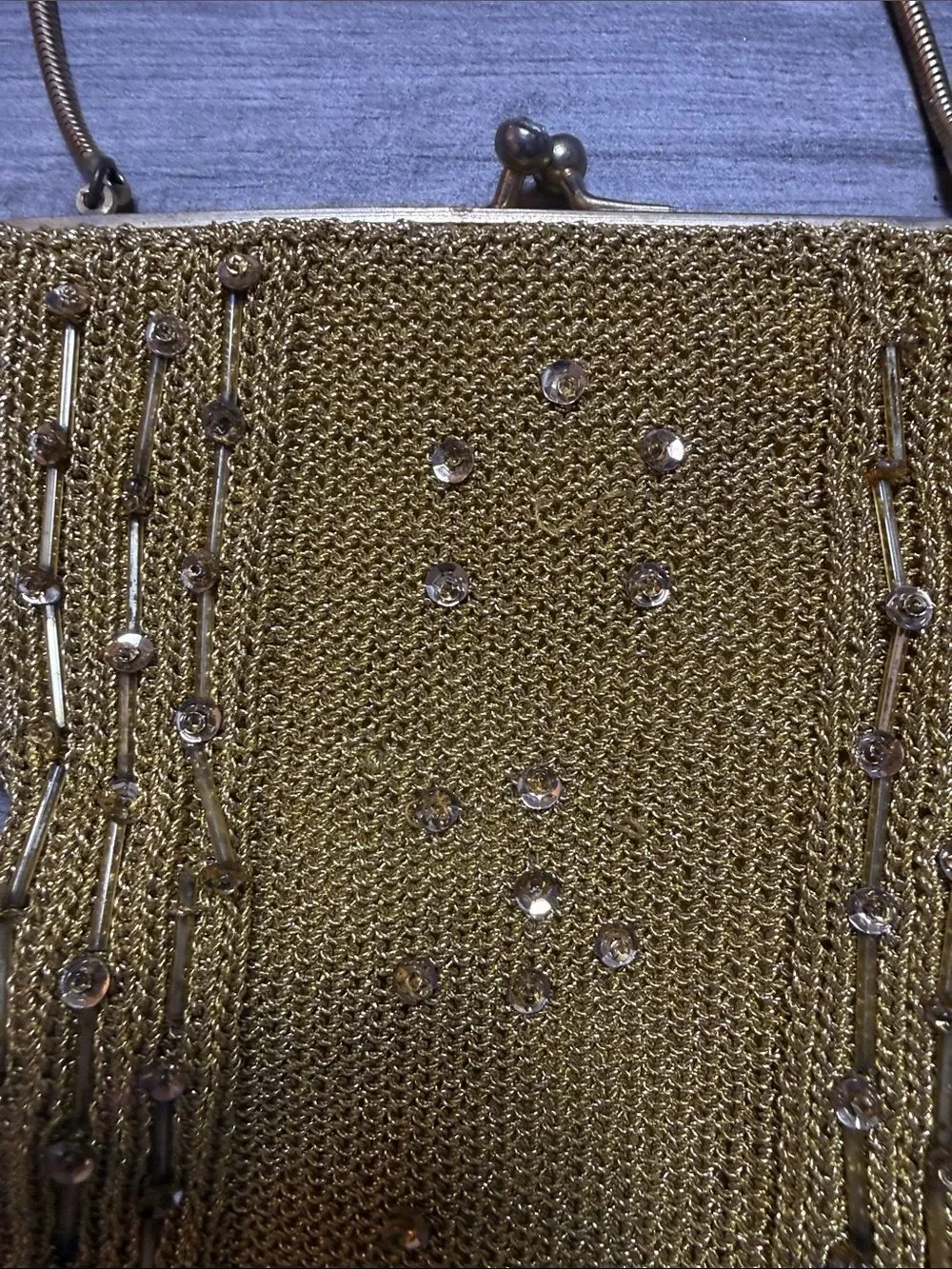 Vintage Gold Beaded Evening Bag with Fringe and Diamond Accented Snap Closure